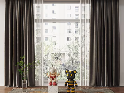 Elegant Dark Gray Curtains Frame Large Window With City View Decorative Plants And Dolls 3d model