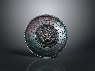 Round Lion Head Carving Decorative Ornament Set With Geometric Pattern Rivet Details Metallic Gradient Finish 3d model