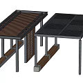 Outdoor Pergola Structures with Wooden Slat and Grid Pattern Tops Metal Frames and Brick Bases