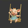 Cute Pig Doll on Wooden Swing with Blue Dress and Red Bow Smiling