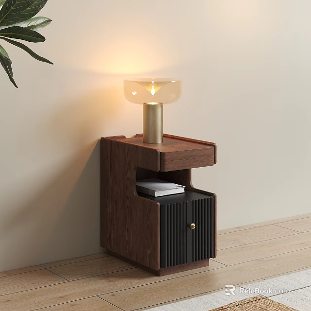 Modern Wooden Bedside Table With Gold Base Lamp Clear Glass Shade And Storage Cabinet 3d model 