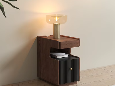 Modern Wooden Bedside Table With Gold Base Lamp Clear Glass Shade And Storage Cabinet 3d model