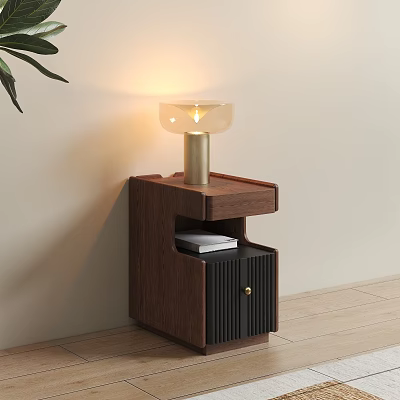 Modern Wooden Bedside Table With Gold Base Lamp Clear Glass Shade And Storage Cabinet 3d model
