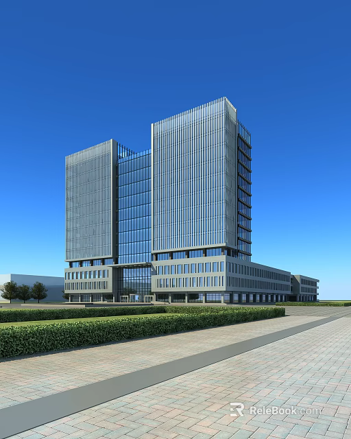 Modern Commercial Office Building With Glass Facades Tall Towers Low Rise Base And Landscaping 3d model 