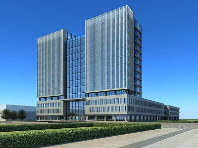 Modern Commercial Office Building With Glass Facades Tall Towers Low Rise Base And Landscaping 3d model