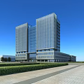 Modern Commercial Office Building With Glass Facades Tall Towers Low Rise Base And Landscaping