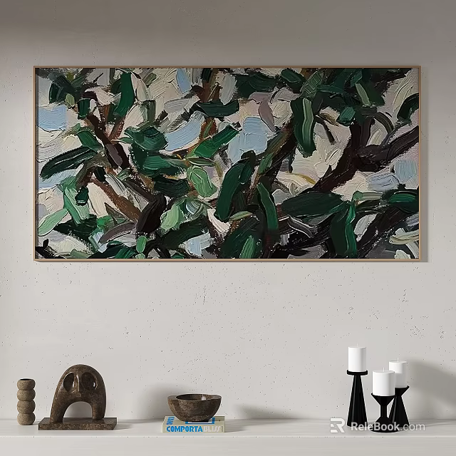 Abstract Painting With Green Leaves Tree Branches Thick Brushstrokes Light Background And Vibrant Colors 3d model 
