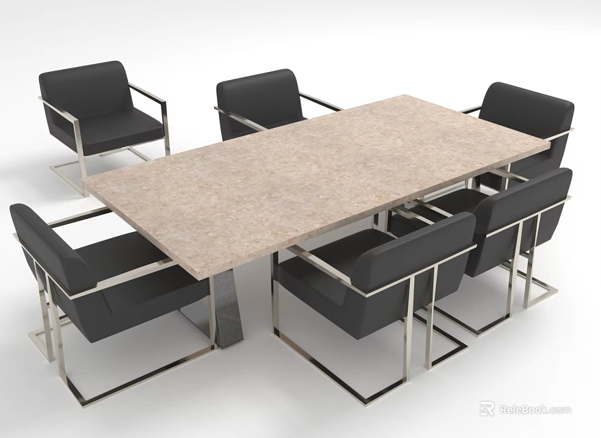 Modern Dining Table Set with Rectangular Light Tabletop and Six Black Metal Frame Chairs 3d model 