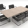 Modern Dining Table Set with Rectangular Light Tabletop and Six Black Metal Frame Chairs 3d model