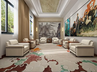 Hotel Public Lounge Area With Comfortable Sofas Traditional Pattern Carpets And Large Wall Paintings 3d model