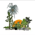 Green Plant Wall Featuring Palm Banana Trees Orange Sphere and Decorative Stones