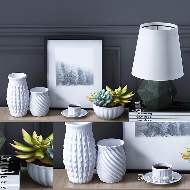 Stylish Decorative Ornament Set With White Vases Succulent Plants Picture Frame And Table Lamp 3d model 