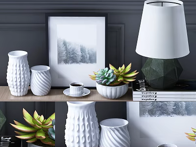 Stylish Decorative Ornament Set With White Vases Succulent Plants Picture Frame And Table Lamp 3d model
