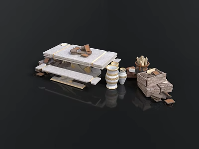 Rustic Outdoor Dining Setup With Wooden Table Bench Ceramic Jars And Firewood Stack 3d model