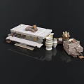 Rustic Outdoor Dining Setup With Wooden Table Bench Ceramic Jars And Firewood Stack