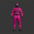 Pink Jumpsuit Game Movie Character With Triangle Symbol And Black Harness