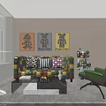 Colorful Patchwork Leisure Sofa Set With Geometric Cushions Green Armchair And Wall Art Paintings
