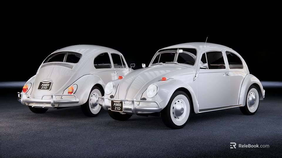 Two Vintage Silver Volkswagen Beetle Classic Cars Parked Side by Side 3d model 