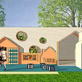Creative Children's Playground Equipment With House Shaped Structures Green Lawn And Trees