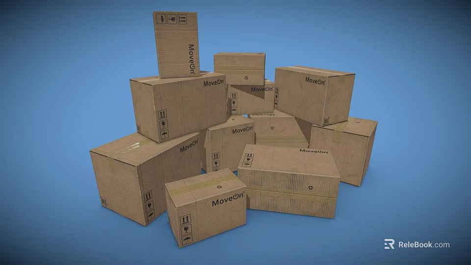 Movavon Cardboard Boxes Stacked For Moving And Storage On Blue Background 3d model 