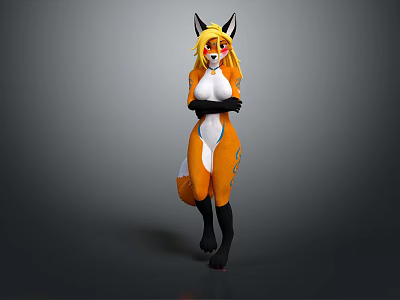 Anthropomorphic Fox Character 3D Rendering with Blonde Hair Orange White Fur Black Ears and Tail 3d model