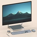 Sleek Computer Monitor with Mountain Landscape Display Silver Stand Keyboard Mouse Circular Accessory and Pen