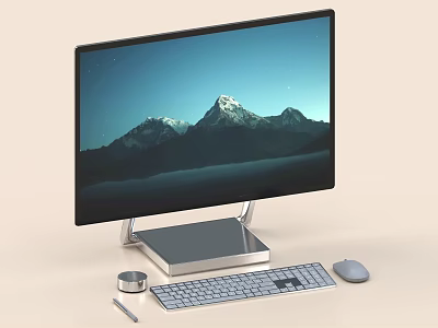 Sleek Computer Monitor with Mountain Landscape Display Silver Stand Keyboard Mouse Circular Accessory and Pen 3d model