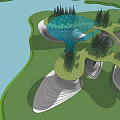 Modern Waterfront Landscape Design With Unique Architectural Structures Trees And Water Reflections