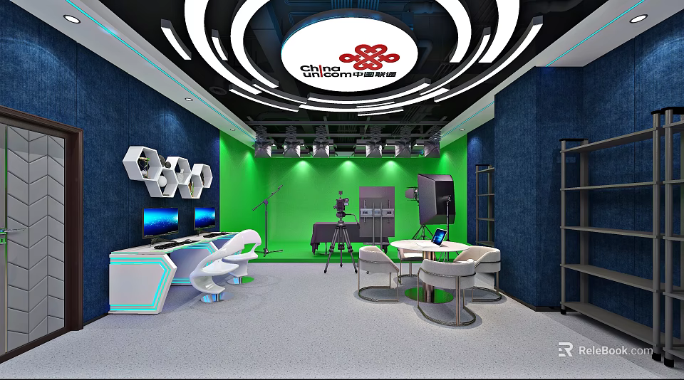 Modern Public Office Area with China Telecom Branding Green Background Hexagonal Decor Computers and Workstations 3d model 