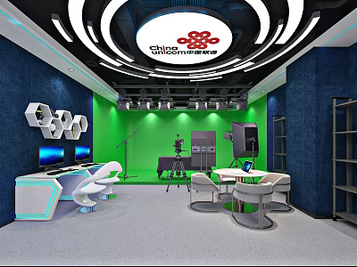Modern Public Office Area with China Telecom Branding Green Background Hexagonal Decor Computers and Workstations 3d model