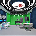 Modern Public Office Area with China Telecom Branding Green Background Hexagonal Decor Computers and Workstations