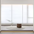 White Modern Curtains in Bright Room Window with Small Plant Brown Stool and Round Rug