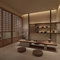 Traditional Japanese Tea House Interior With Wooden Stairs Pendant Lights Stone Stools And Lattice Doors