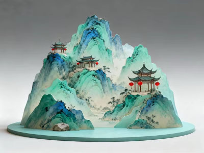 Scenic Chinese Traditional Landscape Rockery Photo Check-in Spot With Pavilions And Red Lanterns 3d model