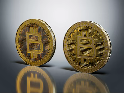 Bitcoin Ornament Decoration Set Two Golden Bitcoin Symbol Decorations on Shiny Surface with Reflection 3d model