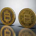 Bitcoin Ornament Decoration Set Two Golden Bitcoin Symbol Decorations on Shiny Surface with Reflection