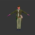 Adventurer Character In Brown Jacket With Hat Standing Near Giant Dinosaur Creature