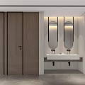 Modern Public Restroom Interior With White Urinals Black Partitions And Decorative Paintings
