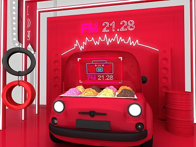 Red Mini Car Display With Colorful Ice Cream FM 21.28 Neon Lights And Rings 3d model