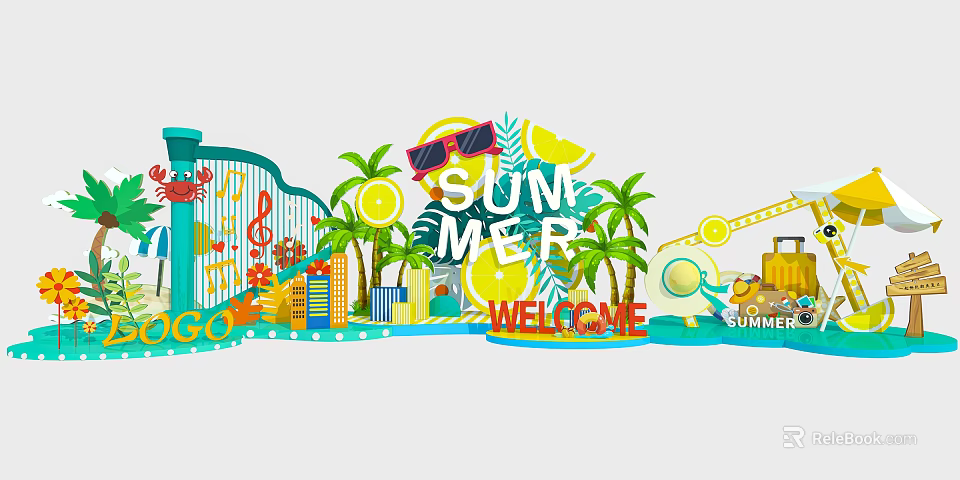 Summer Welcome Scene With Palm Trees Sunglasses Lemon Music Notes Suitcase And Camera 3d model 