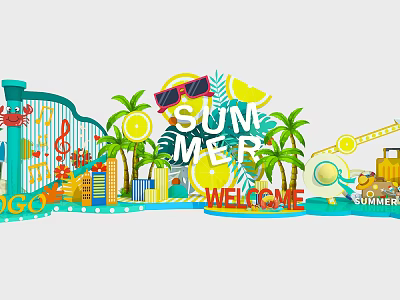 Summer Welcome Scene With Palm Trees Sunglasses Lemon Music Notes Suitcase And Camera 3d model
