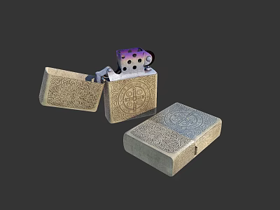 Vintage Metal Lighter Open And Closed With Engraved Patterns And Case 3d model