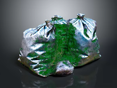 Three Silver Garbage Bags With Spilled Green Substance On Dark Surface 3d model