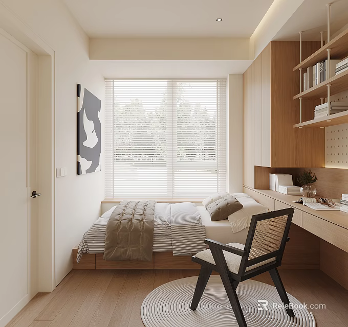 Tatami Bedroom Interior Design With Wooden Bed Window Blinds Desk And Bookshelf 3d model 