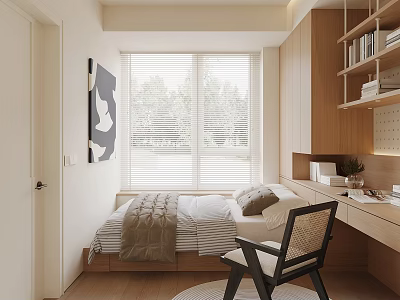 Tatami Bedroom Interior Design With Wooden Bed Window Blinds Desk And Bookshelf 3d model