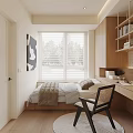 Tatami Bedroom Interior Design With Wooden Bed Window Blinds Desk And Bookshelf