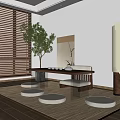 Modern Japanese Tea Room Interior With Wooden Blinds Tree Plant Long Table And Round Floor Cushions