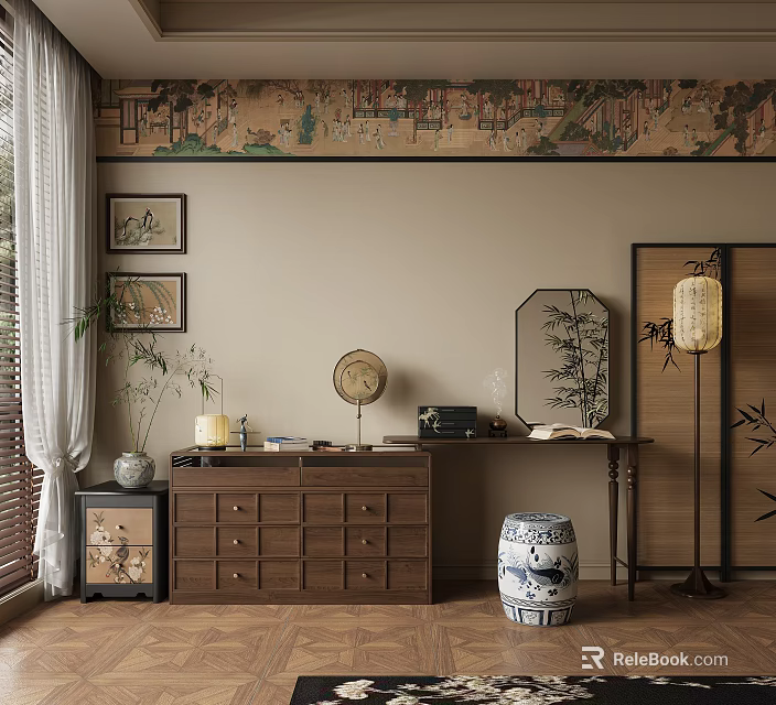 Traditional Chinese Wooden Dresser with Wall Paintings Bamboo Decor and Lantern 3d model 