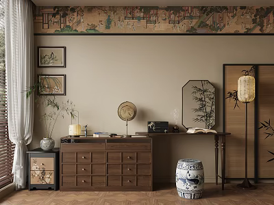 Traditional Chinese Wooden Dresser with Wall Paintings Bamboo Decor and Lantern 3d model