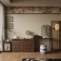 Traditional Chinese Wooden Dresser with Wall Paintings Bamboo Decor and Lantern